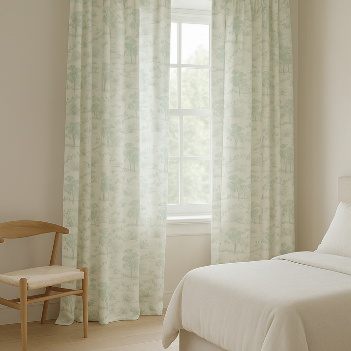 Countryside Toile Pure Linen Curtains – GOTS Certified | Made-to-Measure Light-Filtering or 100 % Blackout | Single Panel or Pair