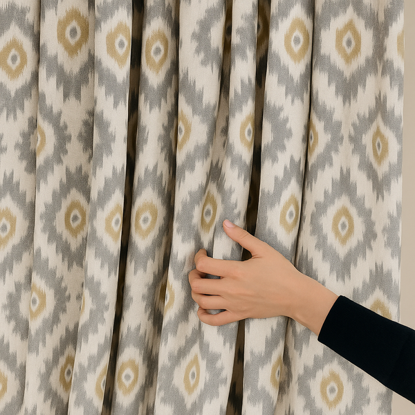 Ikat Print Cotton Linen Curtains – Teal Pink, Blue Taupe, Grey Ochre – Blackout or Light Filtering – Custom Sizes – Rod or Track Compatible