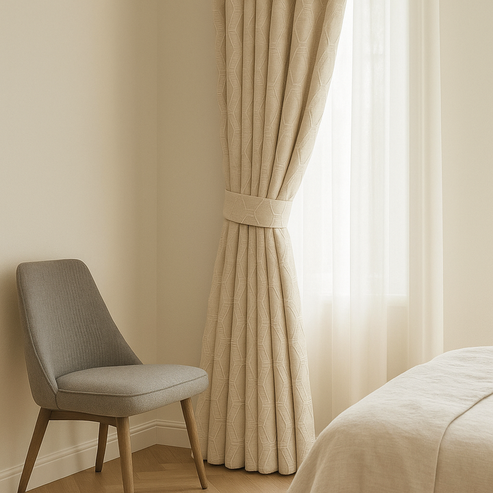 Luxury HexaTrellis Geometric Embroidered GOTS Linen Curtains – Made-to-Measure | Blackout & Light-Filtering