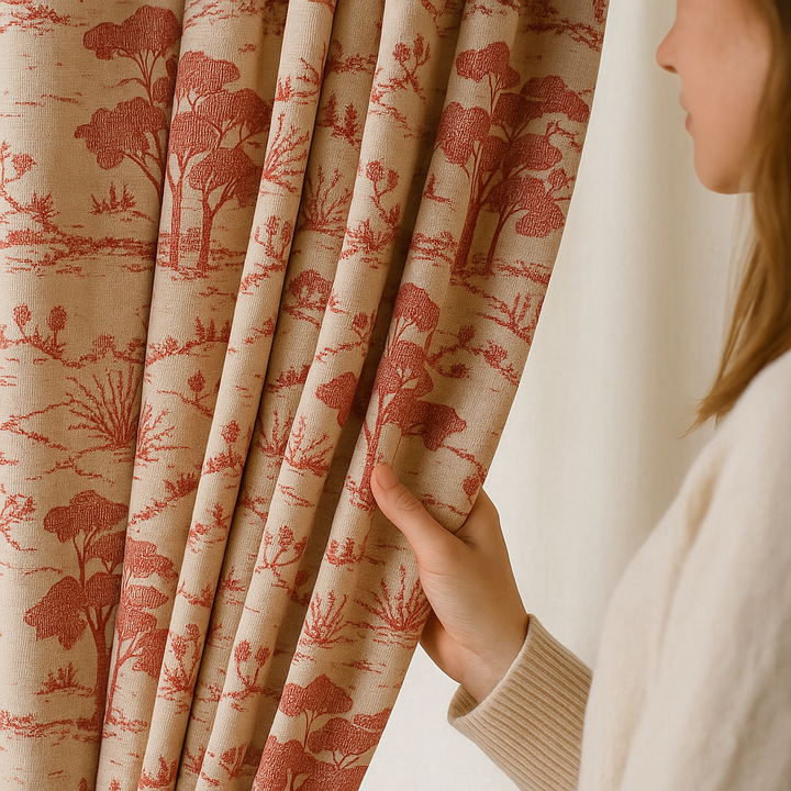 Countryside Toile Pure Linen Curtains – GOTS Certified | Made-to-Measure Light-Filtering or 100 % Blackout | Single Panel or Pair