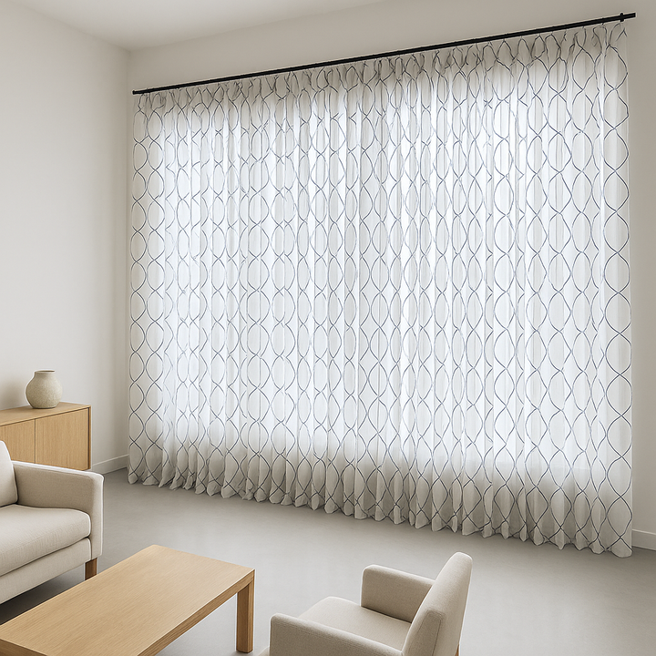 Pure Linen Sheer Curtains with Geometric Embroidered Lattice – Light Filtering Privacy Drapes – Custom Sizes – OEKO-TEX Certified
