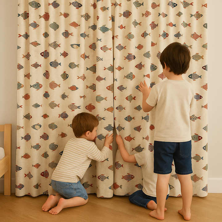 Colourful Fish-Print Cotton Kids Curtains – Coastal Nursery Drapes, Light-Filtering or 100 % Blackout