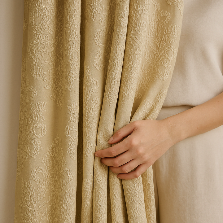 Luxury Linen Jacquard Curtains with Raised Damask Pattern – Custom Sizes, Blackout & Light-Filtering Liners