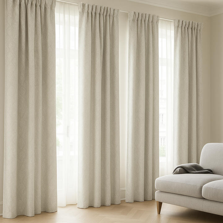 Luxury Linen Jacquard Curtains with Raised Damask Pattern – Custom Sizes, Blackout & Light-Filtering Liners