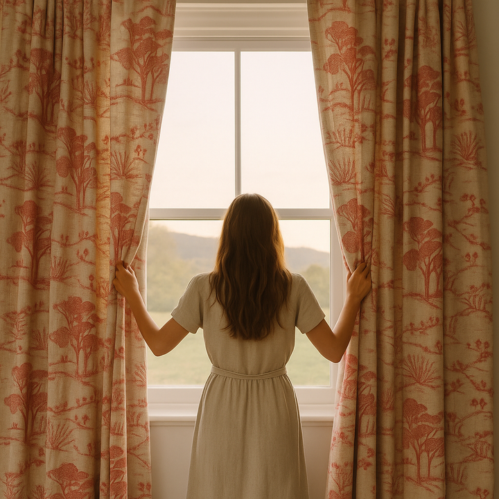 Countryside Toile Pure Linen Curtains – GOTS Certified | Made-to-Measure Light-Filtering or 100 % Blackout | Single Panel or Pair