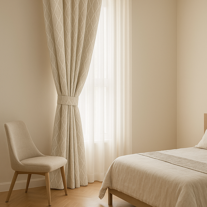 GOTS Spindle-Stripe Embroidered Linen Curtains – Blackout / Sheer