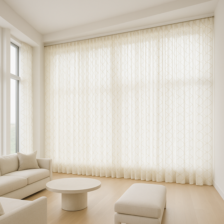 Pure Linen Sheer Curtains with Geometric Embroidered Lattice – Light Filtering Privacy Drapes – Custom Sizes – OEKO-TEX Certified