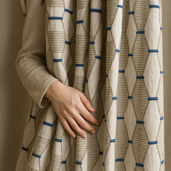 Luxury HexaTrellis Geometric Embroidered GOTS Linen Curtains – Made-to-Measure | Blackout & Light-Filtering