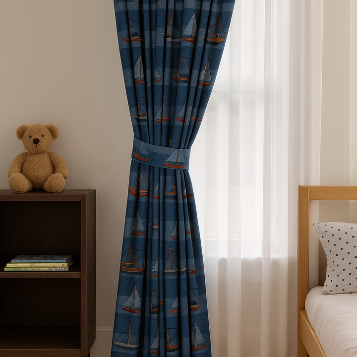 Sailboat Harbour Cotton Kids Curtains – Nautical Boat Print Drapes, Light-Filtering or 100 % Blackout | Made to Measure