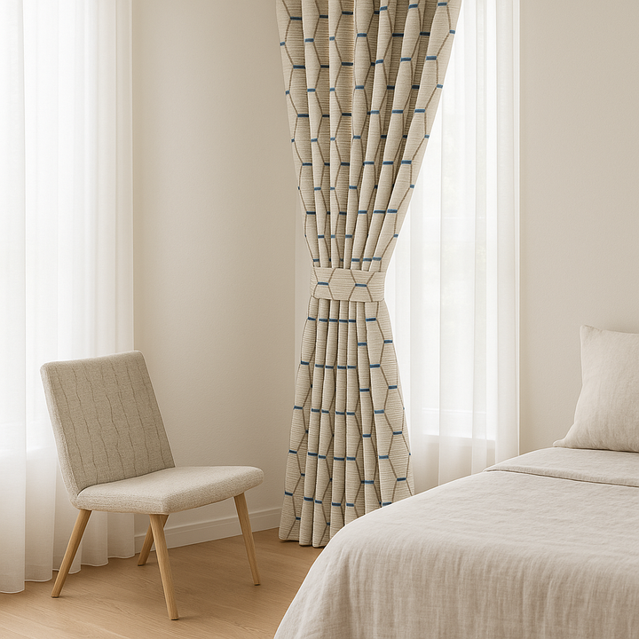 Luxury HexaTrellis Geometric Embroidered GOTS Linen Curtains – Made-to-Measure | Blackout & Light-Filtering