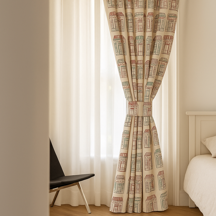 Sweet Shop Street Cotton Kids Curtains – Sketch Shopfront Print Drapes, Light-Filtering or 100 % Blackout | Made to Measure