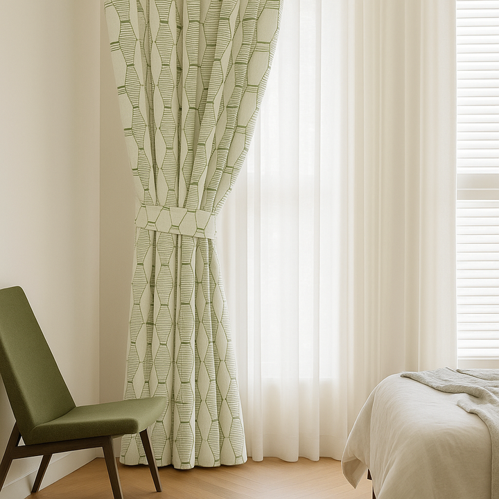 Luxury HexaTrellis Geometric Embroidered GOTS Linen Curtains – Made-to-Measure | Blackout & Light-Filtering