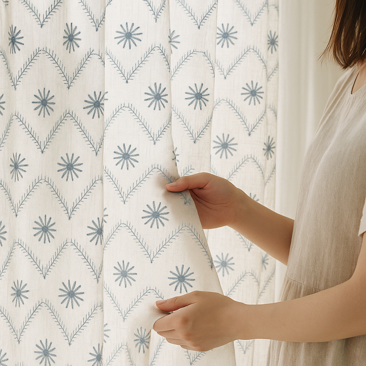 Pure Linen Sheer Embroidered Curtain – Custom Size Privacy Panel – OEKO-TEX Certified – 5 Colours – Rod & Track Compatible