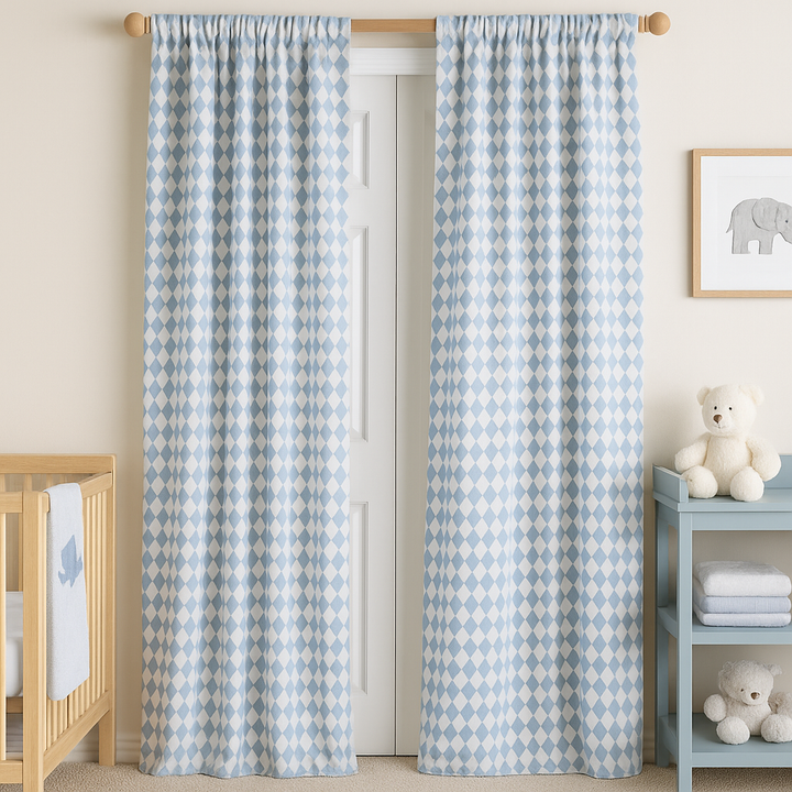 Soft Linen Diamond Pattern Nursery Curtains – Light Filtering or Blackout – Custom Sizes – 4 Heading Styles – Single or Pair