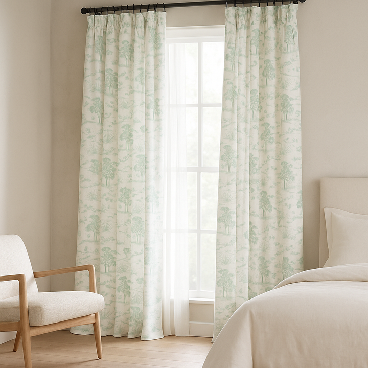 Countryside Toile Pure Linen Curtains – GOTS Certified | Made-to-Measure Light-Filtering or 100 % Blackout | Single Panel or Pair
