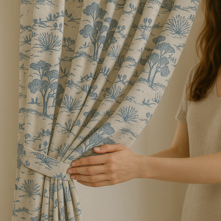 Countryside Toile Pure Linen Curtains – GOTS Certified | Made-to-Measure Light-Filtering or 100 % Blackout | Single Panel or Pair