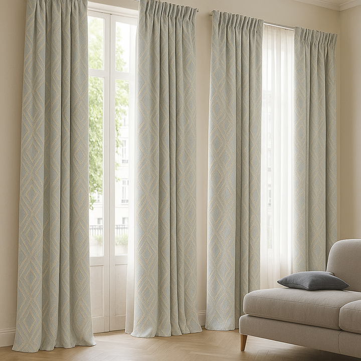 Luxury Linen Jacquard Geometric Curtains – 7 Colours, Made-to-Measure Blackout or Cotton Lined