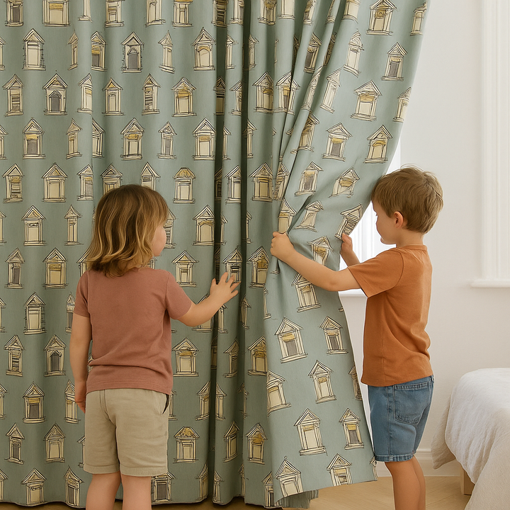 Window-Print Cotton Kids Curtains – Teal Architectural Drapes, Light-Filtering or 100 % Blackout | Made-to-Measure