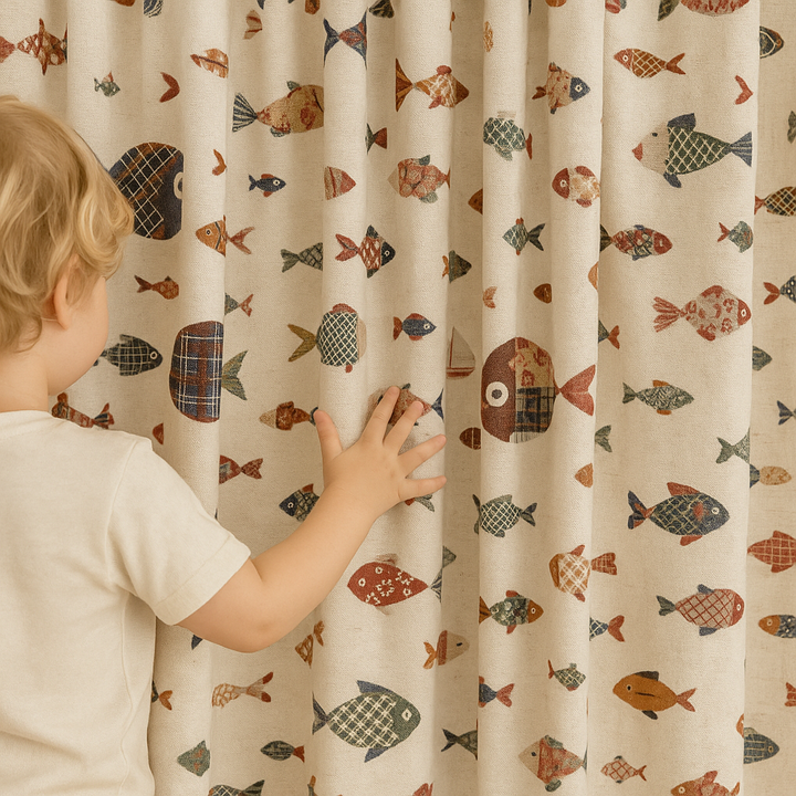 Colourful Fish-Print Cotton Kids Curtains – Coastal Nursery Drapes, Light-Filtering or 100 % Blackout