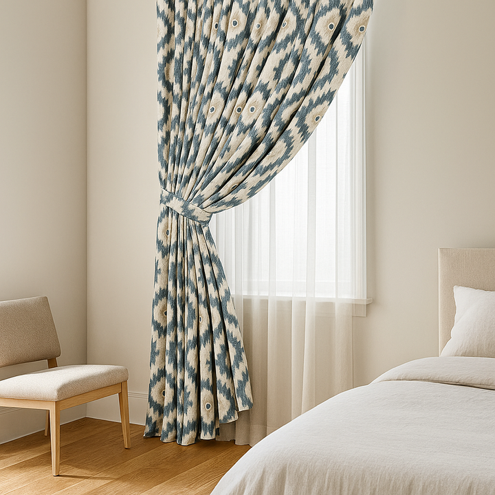 Ikat Print Cotton Linen Curtains – Teal Pink, Blue Taupe, Grey Ochre – Blackout or Light Filtering – Custom Sizes – Rod or Track Compatible