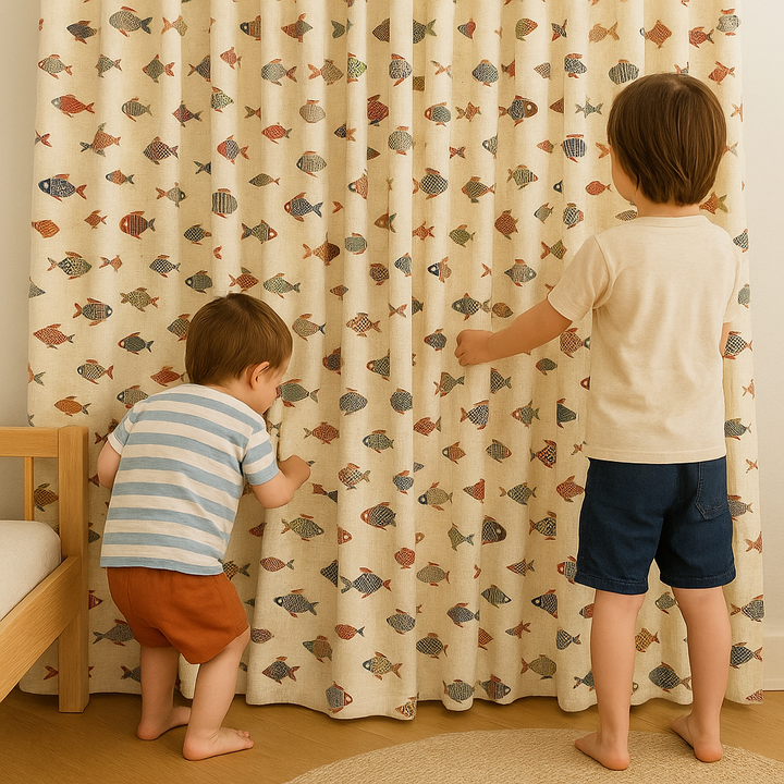 Colourful Fish-Print Cotton Kids Curtains – Coastal Nursery Drapes, Light-Filtering or 100 % Blackout