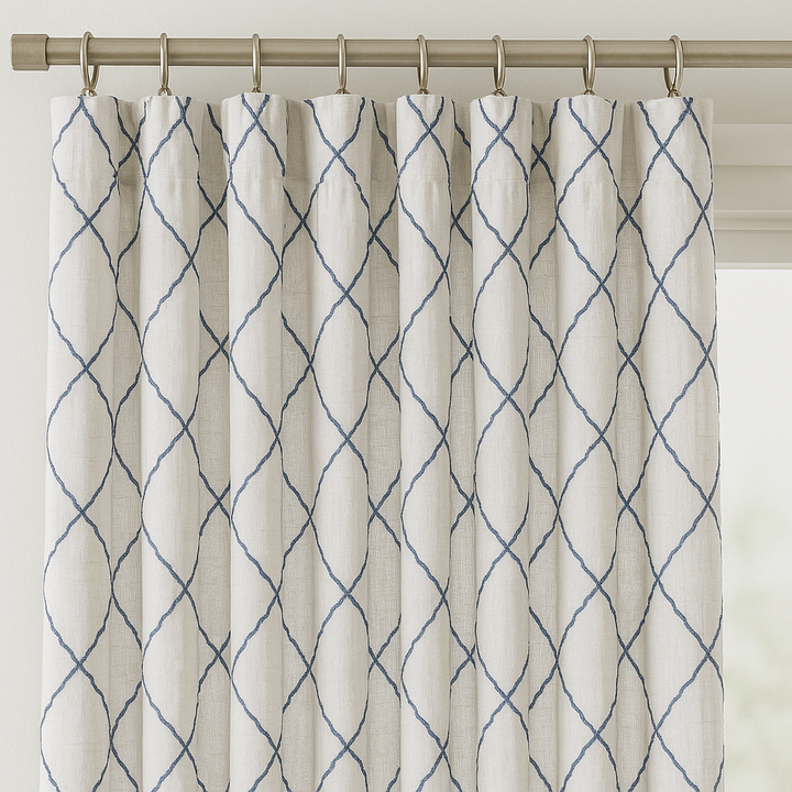 Pure Linen Sheer Curtains with Geometric Embroidered Lattice – Light Filtering Privacy Drapes – Custom Sizes – OEKO-TEX Certified