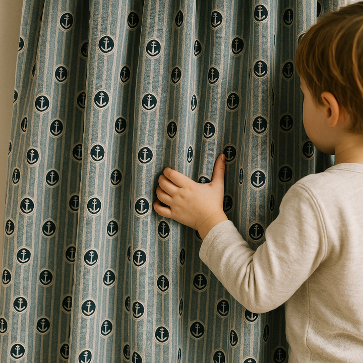 Nautical Anchor Pure Cotton Curtains – Blue Striped Kids Drapes, Light-Filtering or Blackout