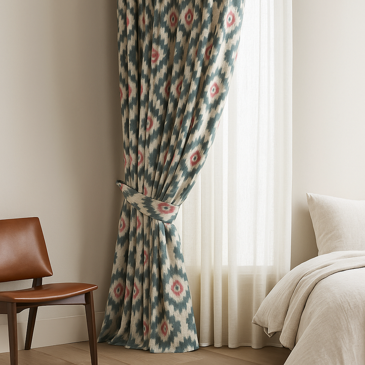 Ikat Print Cotton Linen Curtains – Teal Pink, Blue Taupe, Grey Ochre – Blackout or Light Filtering – Custom Sizes – Rod or Track Compatible