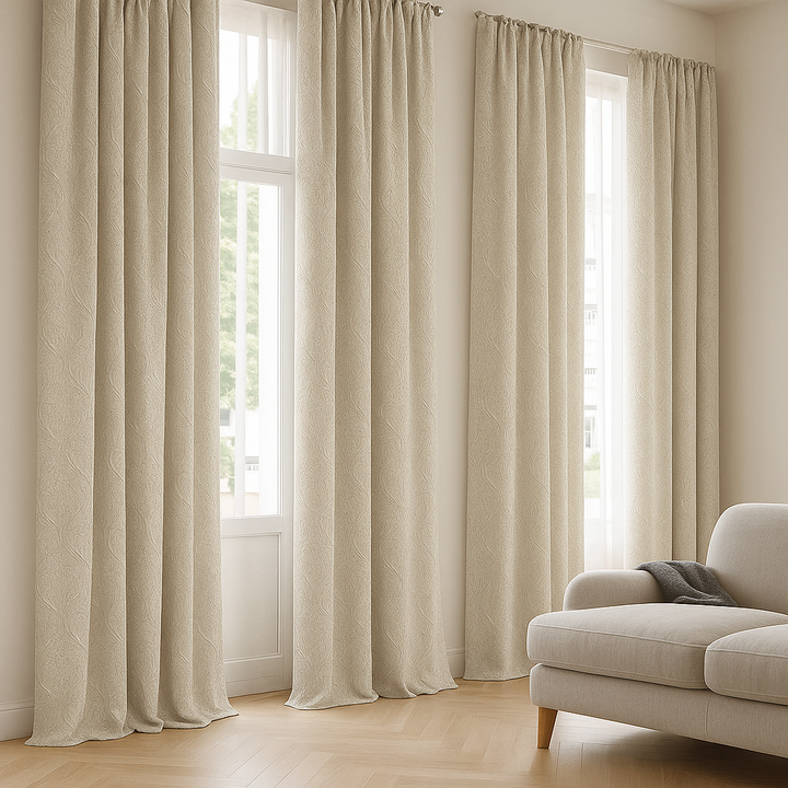 Luxury Linen Jacquard Curtains with Raised Damask Pattern – Custom Sizes, Blackout & Light-Filtering Liners