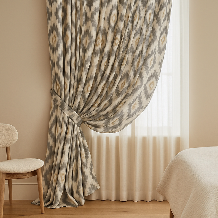 Ikat Print Cotton Linen Curtains – Teal Pink, Blue Taupe, Grey Ochre – Blackout or Light Filtering – Custom Sizes – Rod or Track Compatible