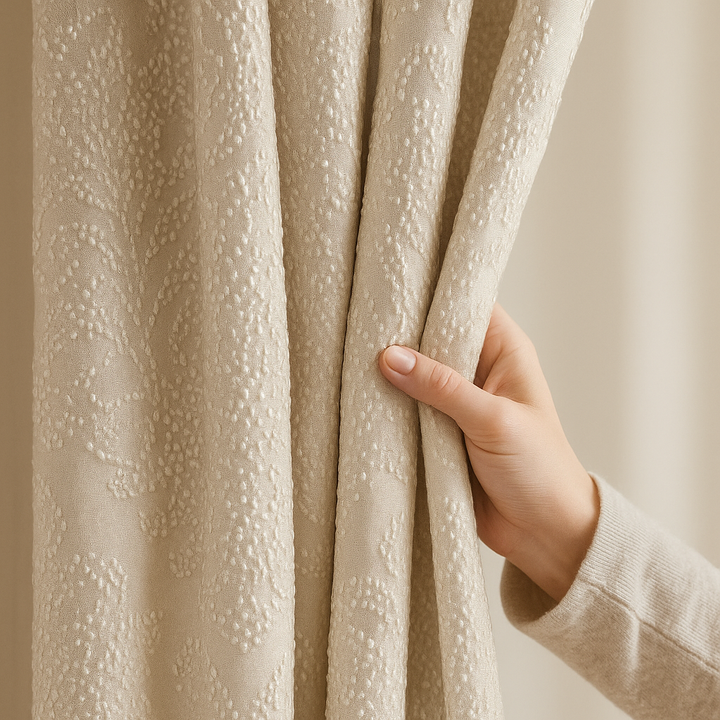 Luxury Linen Jacquard Curtains with Raised Damask Pattern – Custom Sizes, Blackout & Light-Filtering Liners
