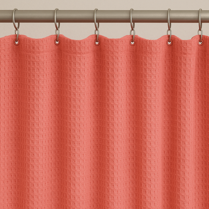 Coral-Pink Pure Cotton Waffle-Weave Shower Curtain – Extra-Wide, Extra-Tall & Made-to-Measure | Machine-Washable Bathroom Curtain