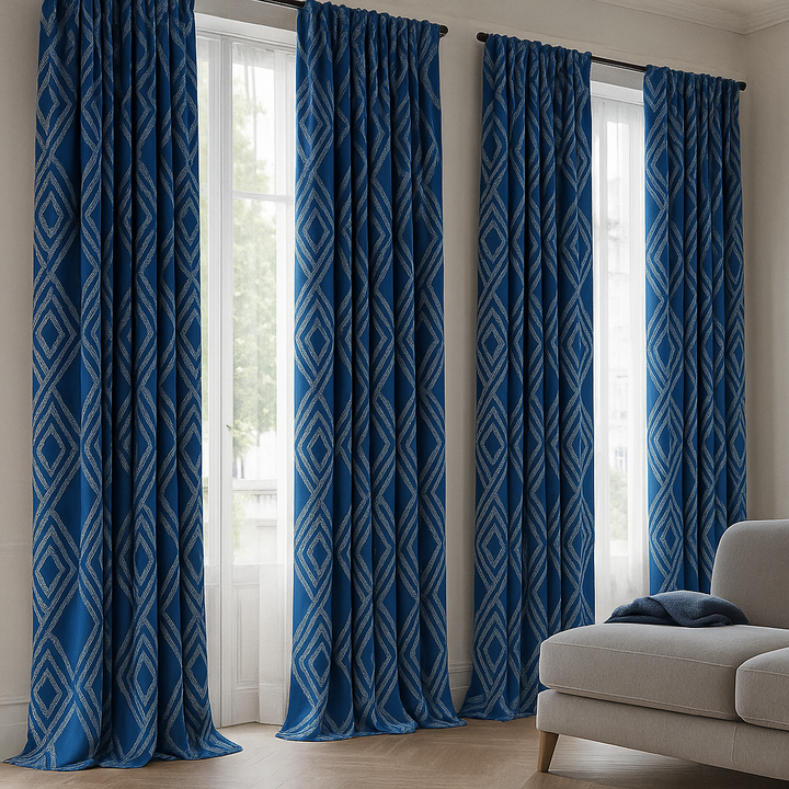 Luxury Linen Jacquard Geometric Curtains – 7 Colours, Made-to-Measure Blackout or Cotton Lined