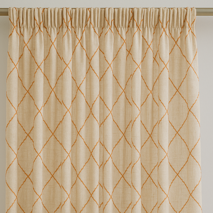 Pure Linen Sheer Curtains with Geometric Embroidered Lattice – Light Filtering Privacy Drapes – Custom Sizes – OEKO-TEX Certified