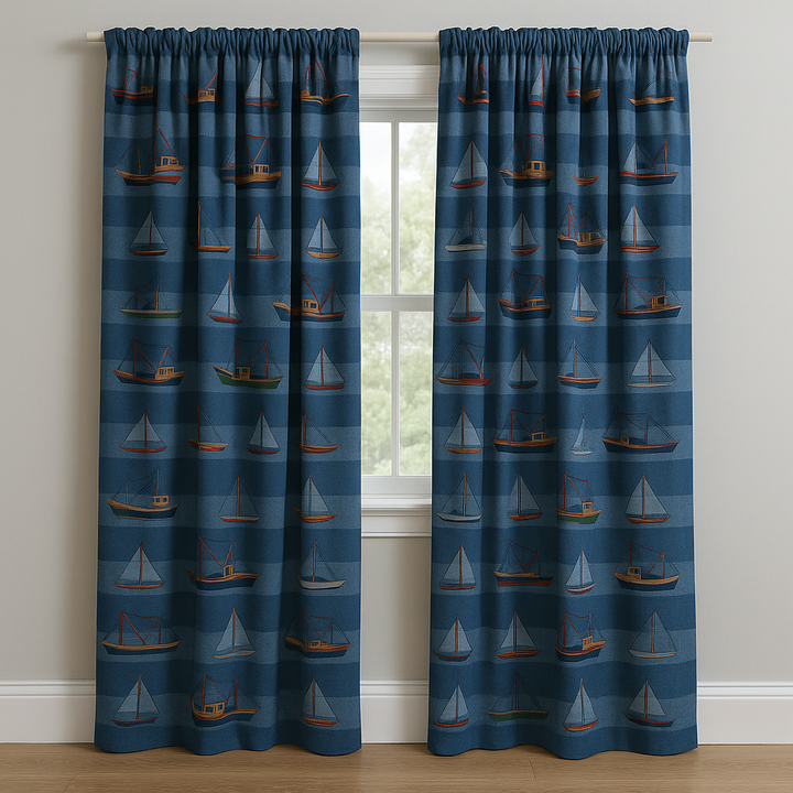 Sailboat Harbour Cotton Kids Curtains – Nautical Boat Print Drapes, Light-Filtering or 100 % Blackout | Made to Measure
