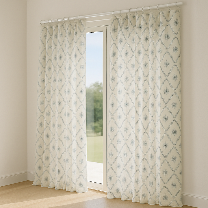 Pure Linen Sheer Embroidered Curtain – Custom Size Privacy Panel – OEKO-TEX Certified – 5 Colours – Rod & Track Compatible