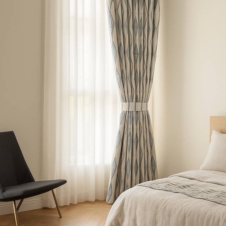GOTS Spindle-Stripe Embroidered Linen Curtains – Blackout / Sheer