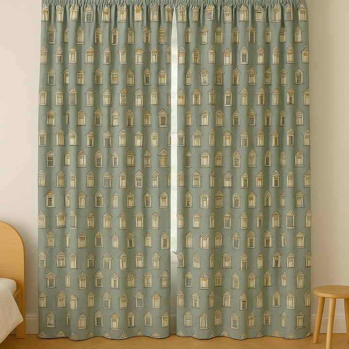 Window-Print Cotton Kids Curtains – Teal Architectural Drapes, Light-Filtering or 100 % Blackout | Made-to-Measure