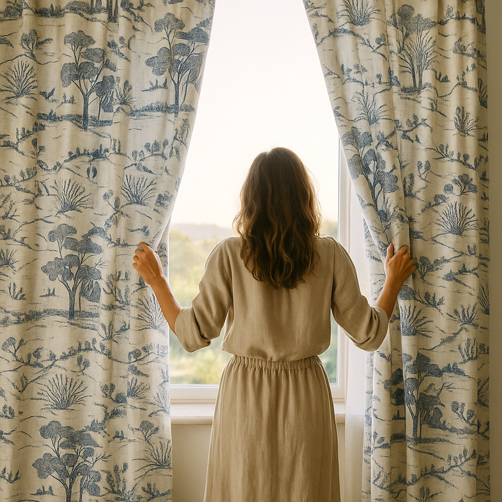 Countryside Toile Pure Linen Curtains – GOTS Certified | Made-to-Measure Light-Filtering or 100 % Blackout | Single Panel or Pair