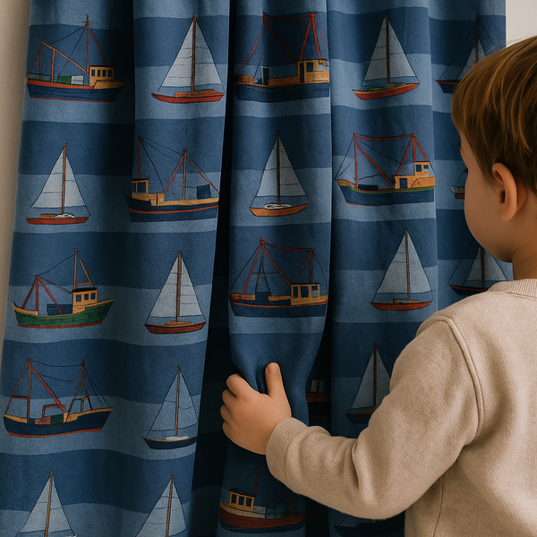Sailboat Harbour Cotton Kids Curtains – Nautical Boat Print Drapes, Light-Filtering or 100 % Blackout | Made to Measure