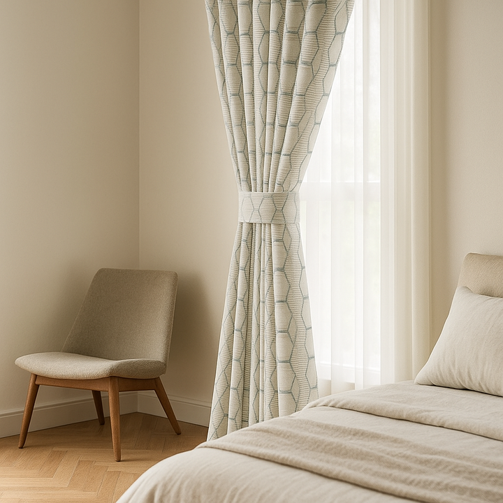 Luxury HexaTrellis Geometric Embroidered GOTS Linen Curtains – Made-to-Measure | Blackout & Light-Filtering