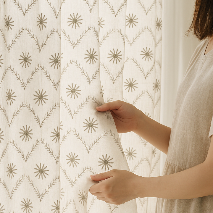Pure Linen Sheer Embroidered Curtain – Custom Size Privacy Panel – OEKO-TEX Certified – 5 Colours – Rod & Track Compatible