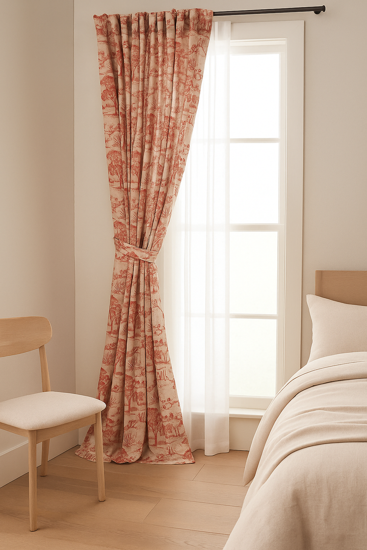 Countryside Toile Pure Linen Curtains – GOTS Certified | Made-to-Measure Light-Filtering or 100 % Blackout | Single Panel or Pair