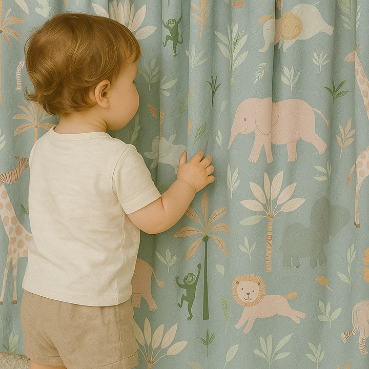 Jungle Safari Linen Nursery Curtains – Soft, Custom Sizes – Light Filtering or Blackout Lining