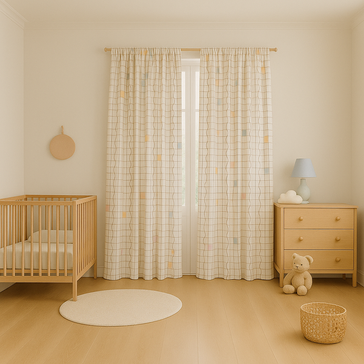 Geometric Pastel Linen Curtains – 5 Colours – Blackout or Light Filtering – Custom Sizes – Rod or Track Compatible