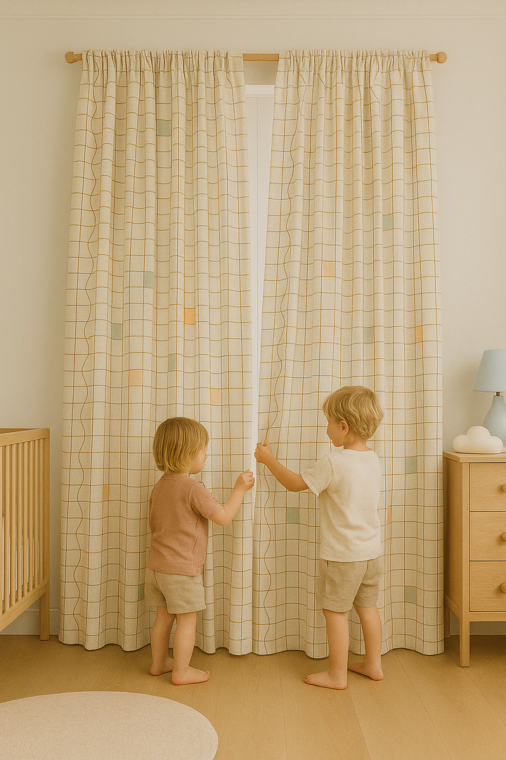 Geometric Pastel Linen Curtains – 5 Colours – Blackout or Light Filtering – Custom Sizes – Rod or Track Compatible