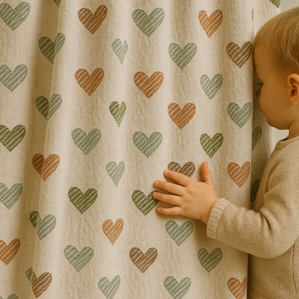 Heart Print Linen Nursery Curtains – Custom Sizes, Blackout or Cotton Lined – Rod Pocket & Track Compatible