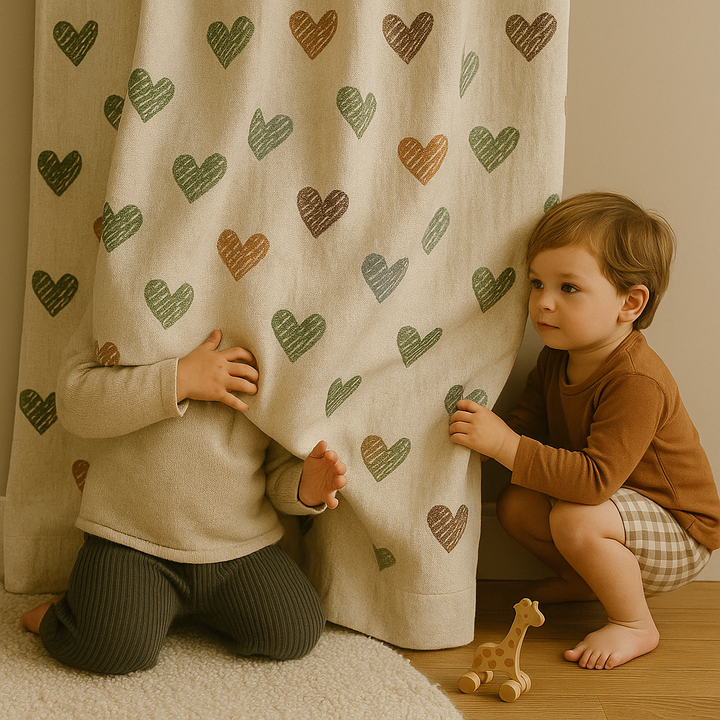 Heart Print Linen Nursery Curtains – Custom Sizes, Blackout or Cotton Lined – Rod Pocket & Track Compatible