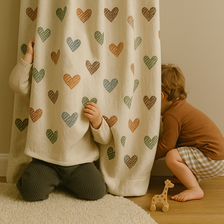 Heart Print Linen Nursery Curtains – Custom Sizes, Blackout or Cotton Lined – Rod Pocket & Track Compatible