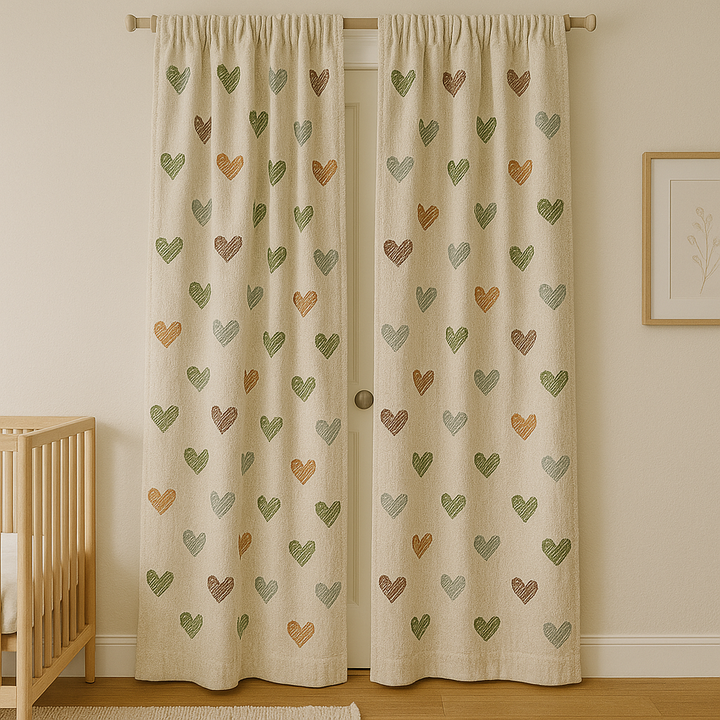 Heart Print Linen Nursery Curtains – Custom Sizes, Blackout or Cotton Lined – Rod Pocket & Track Compatible